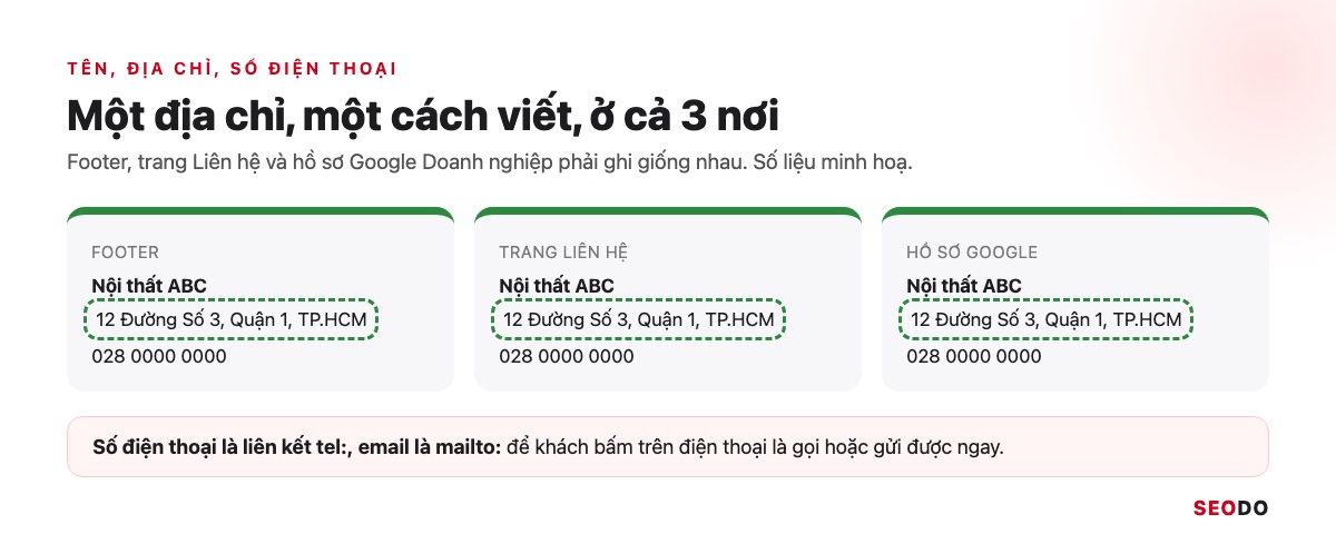 Footer Website Là Gì? Thành Phần, Cách Thiết Kế Và Tối Ưu SEO (Cập Nhật 2026) 39 Ba khung footer, trang Liên hệ và hồ sơ Google Doanh nghiệp đặt cạnh nhau, địa chỉ trùng khớp được khoanh xanh