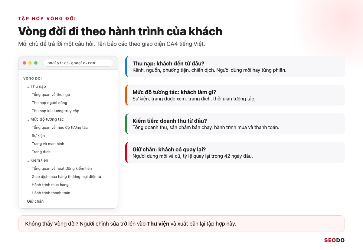 Cách Đọc Báo Cáo Google Analytics 4 Từ A Đến Z Để Ra Quyết Định SEO (Cập Nhật 2026) 28 Mô phỏng tập hợp Vòng đời mở rộng với 4 chủ đề Thu nạp, Mức độ tương tác, Kiếm tiền, Giữ chân và các báo cáo con
