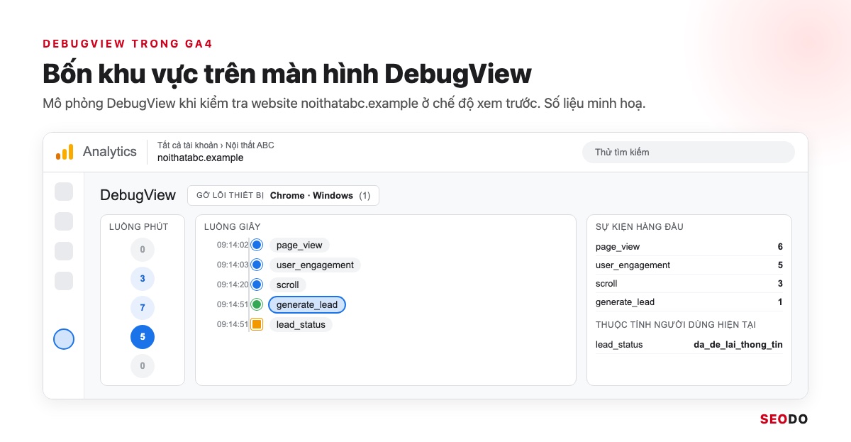 DebugView Trong GA4: Cách Bật Chế Độ Gỡ Lỗi Và Đọc Sự Kiện (Cập Nhật 2026) 21 Mô phỏng màn hình DebugView trong GA4 với Luồng phút, Luồng giây, Sự kiện hàng đầu và Thuộc tính người dùng hiện tại