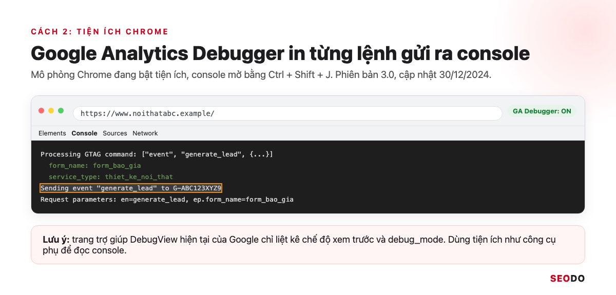 DebugView Trong GA4: Cách Bật Chế Độ Gỡ Lỗi Và Đọc Sự Kiện (Cập Nhật 2026) 26 Mô phỏng Chrome với tiện ích Google Analytics Debugger đang bật và console hiển thị lệnh gửi sự kiện