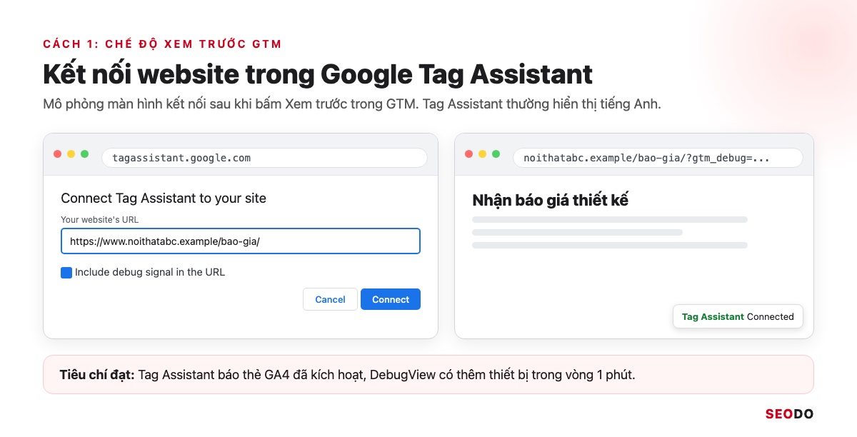 DebugView Trong GA4: Cách Bật Chế Độ Gỡ Lỗi Và Đọc Sự Kiện (Cập Nhật 2026) 25 Mô phỏng Google Tag Assistant khi kết nối website ở chế độ xem trước của GTM với ô Include debug signal in the URL
