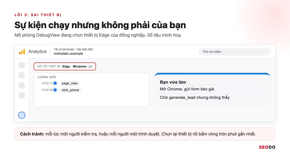 DebugView Trong GA4: Cách Bật Chế Độ Gỡ Lỗi Và Đọc Sự Kiện (Cập Nhật 2026) 38 Mô phỏng DebugView đang chọn thiết bị của đồng nghiệp trong khi thiết bị của người kiểm tra nằm ở dòng khác