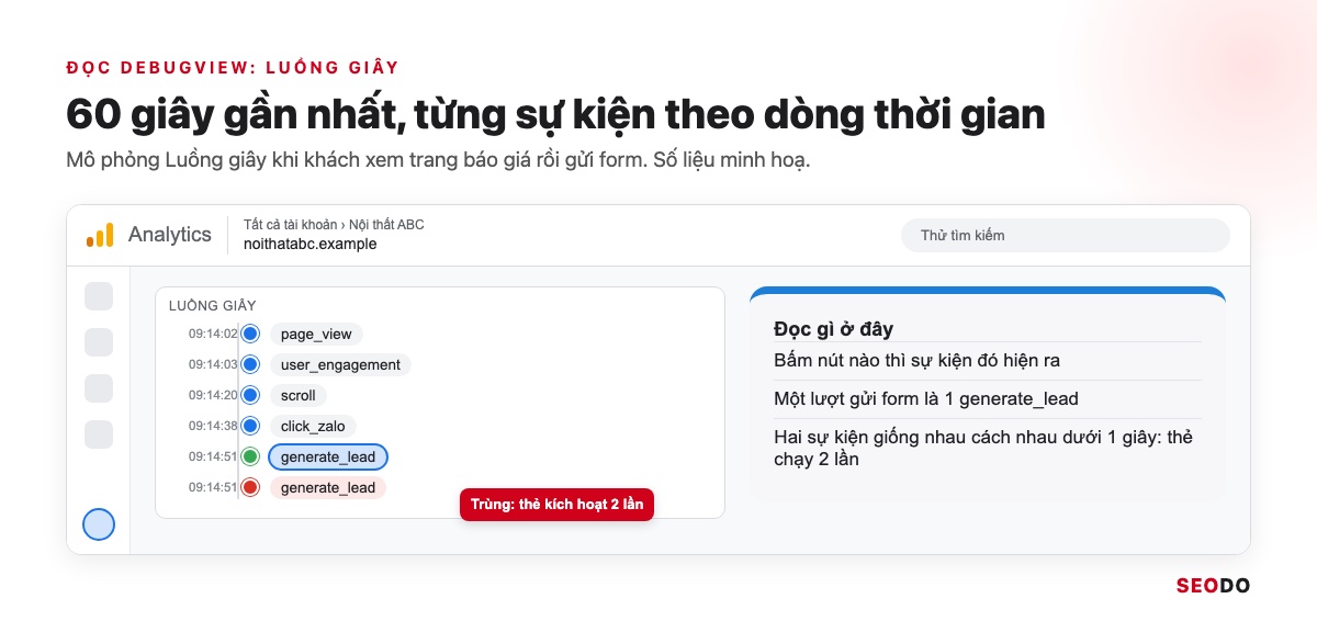 DebugView Trong GA4: Cách Bật Chế Độ Gỡ Lỗi Và Đọc Sự Kiện (Cập Nhật 2026) 30 Mô phỏng Luồng giây trong DebugView với page_view, scroll, click và generate_lead theo dòng thời gian