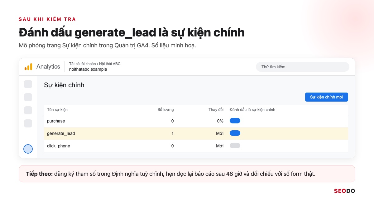 DebugView Trong GA4: Cách Bật Chế Độ Gỡ Lỗi Và Đọc Sự Kiện (Cập Nhật 2026) 35 Mô phỏng trang Sự kiện chính trong Quản trị GA4 với generate_lead vừa được đánh dấu