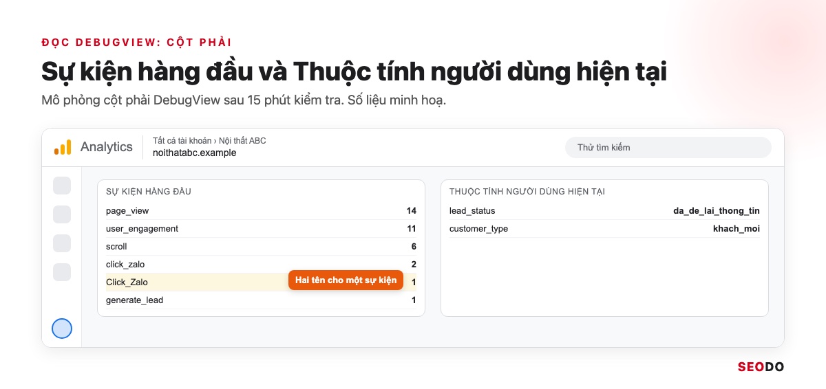 DebugView Trong GA4: Cách Bật Chế Độ Gỡ Lỗi Và Đọc Sự Kiện (Cập Nhật 2026) 32 Mô phỏng khối Sự kiện hàng đầu và Thuộc tính người dùng hiện tại ở cột phải DebugView