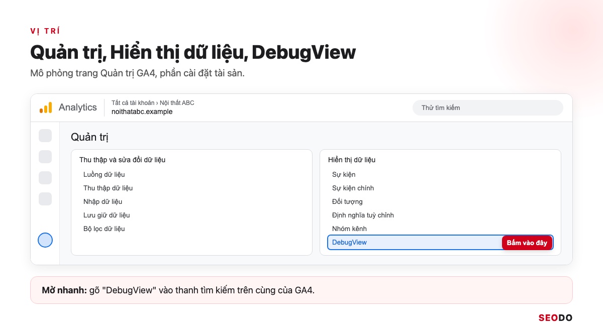 DebugView Trong GA4: Cách Bật Chế Độ Gỡ Lỗi Và Đọc Sự Kiện (Cập Nhật 2026) 23 Mô phỏng trang Quản trị GA4 với mục Hiển thị dữ liệu và liên kết DebugView được đánh dấu