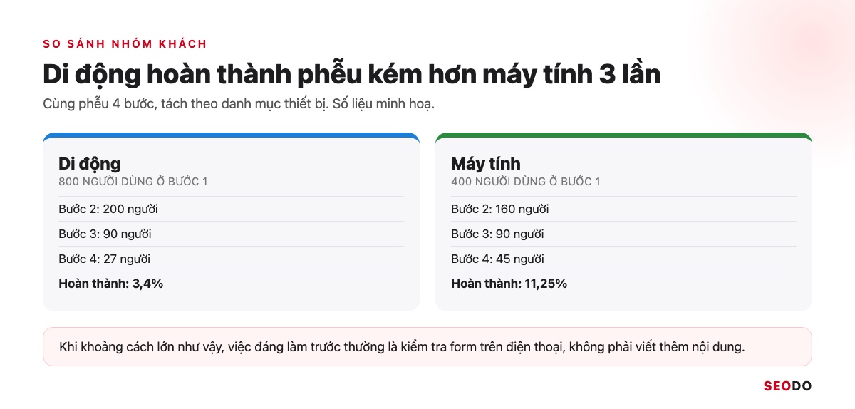 So sánh phễu di động và máy tính, di động hoàn thành 3,4%, máy tính hoàn thành 11,25%