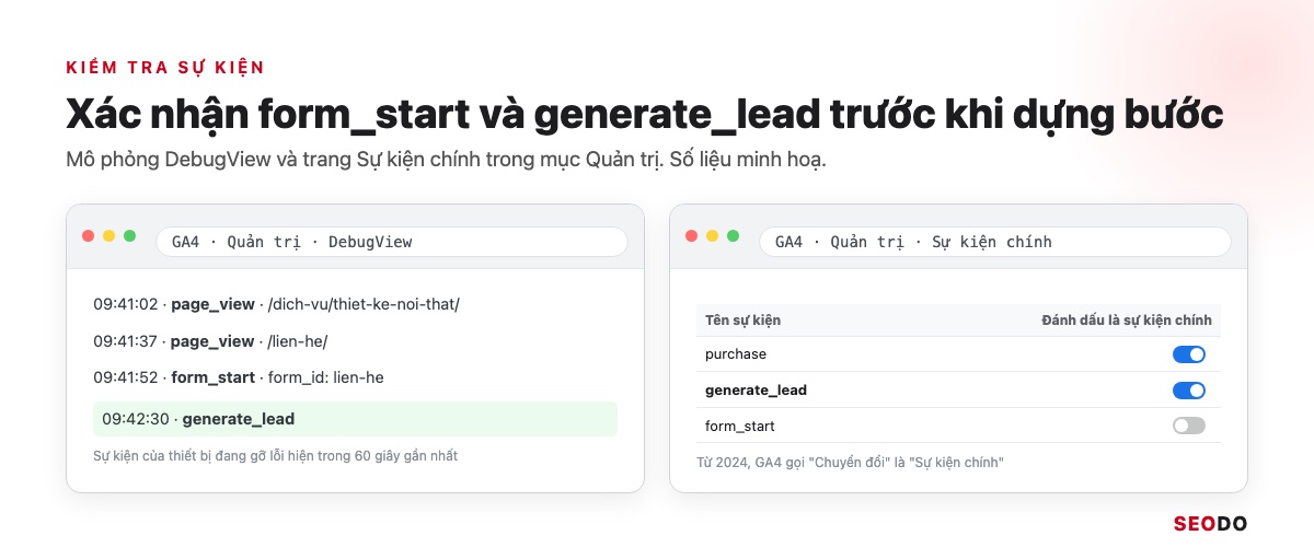 Mô phỏng DebugView hiện page_view, form_start, generate_lead và trang Sự kiện chính đã bật generate_lead