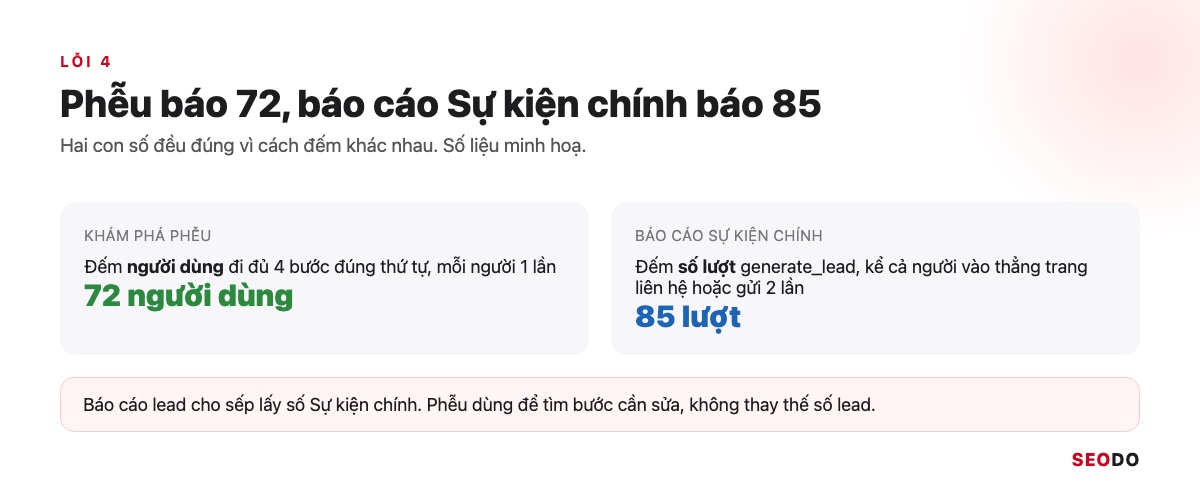 So sánh khám phá phễu đếm 72 người dùng và báo cáo sự kiện chính đếm 85 lượt generate_lead