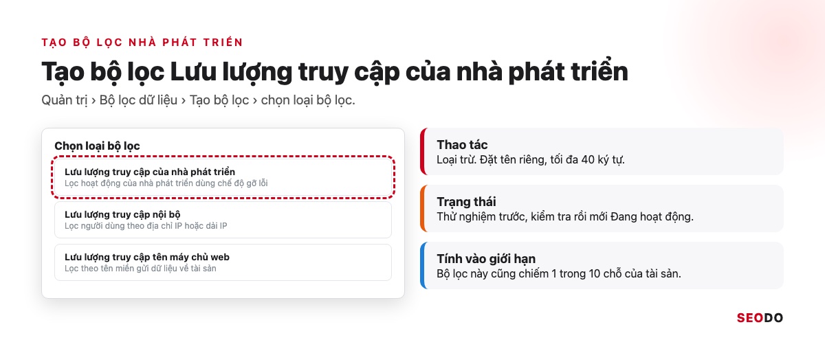 Mô phỏng hộp chọn loại bộ lọc dữ liệu với 3 loại: nhà phát triển, nội bộ và tên máy chủ web