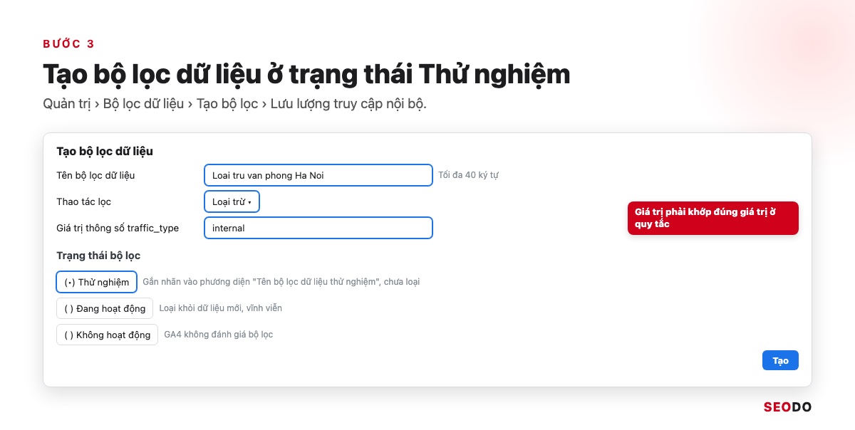 Mô phỏng hộp tạo bộ lọc dữ liệu với thao tác Loại trừ, giá trị internal và trạng thái Thử nghiệm