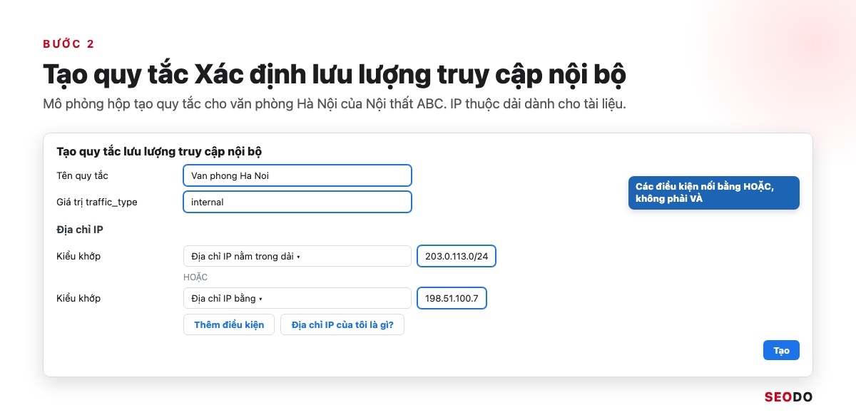 Mô phỏng hộp tạo quy tắc lưu lượng truy cập nội bộ với dải 203.0.113.0/24 và IP 198.51.100.7