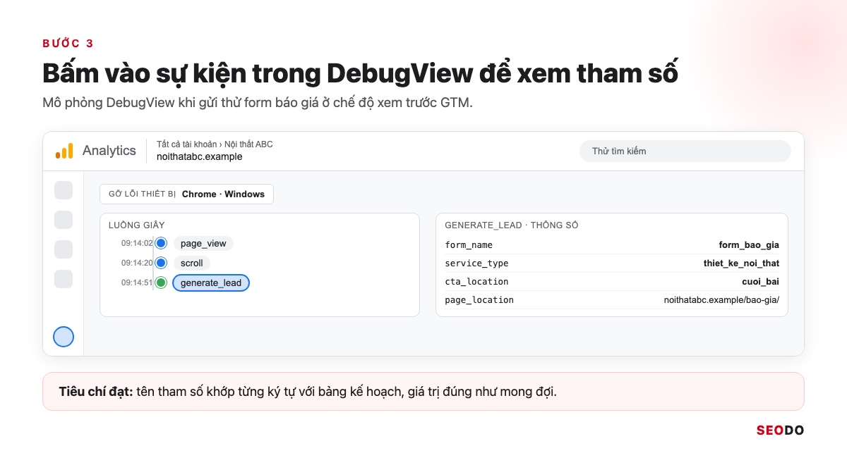 DebugView trong GA4 khi bấm vào sự kiện generate_lead hiển thị ba tham số