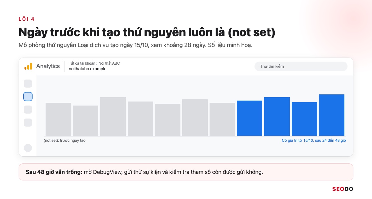 Biểu đồ GA4 với giá trị not set trước ngày tạo thứ nguyên và giá trị thật từ ngày tạo