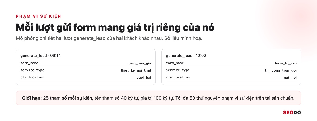 Hai lượt generate_lead mang giá trị form_name, service_type, cta_location khác nhau