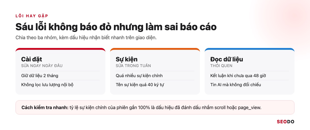 Sáu lỗi hay gặp khi dùng tính năng GA4 chia thành ba nhóm cài đặt, sự kiện và đọc dữ liệu