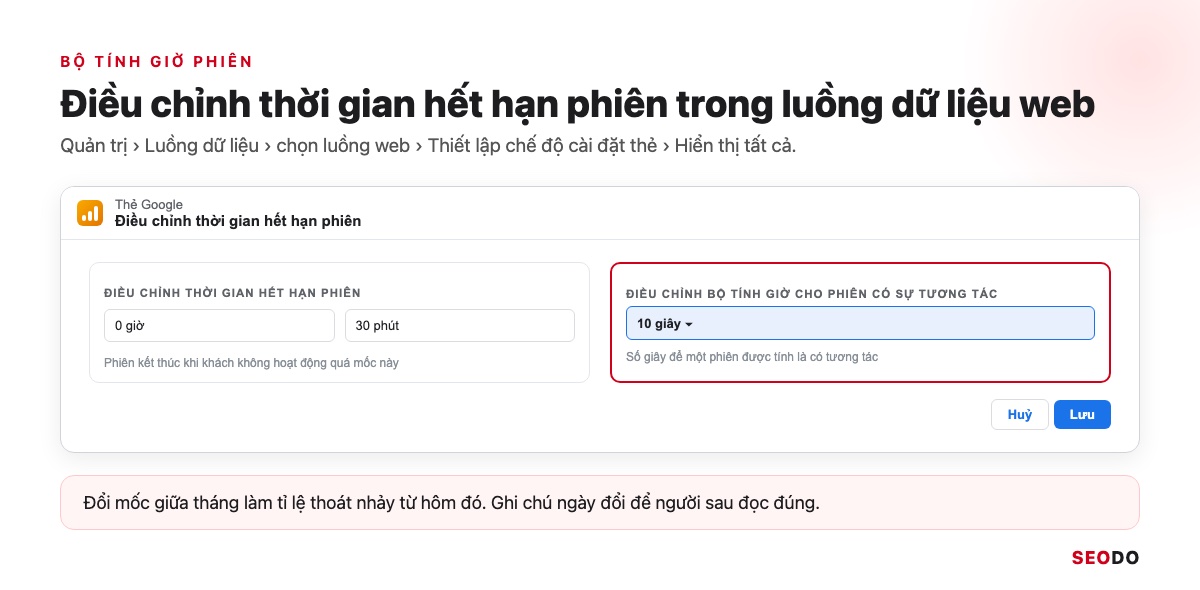 Tỉ Lệ Thoát GA4 Là Gì? Cách Thêm Bounce Rate Vào Báo Cáo Và Cách Giảm (Cập Nhật 2026) 36 Mô phỏng màn hình Điều chỉnh thời gian hết hạn phiên trong GA4 với hai ô 30 phút và 10 giây