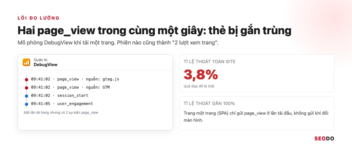 Tỉ Lệ Thoát GA4 Là Gì? Cách Thêm Bounce Rate Vào Báo Cáo Và Cách Giảm (Cập Nhật 2026) 46 Mô phỏng DebugView GA4 cho thấy hai sự kiện page_view cùng thời điểm do thẻ bị gắn hai lần