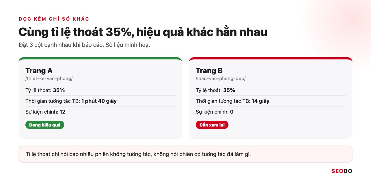 Tỉ Lệ Thoát GA4 Là Gì? Cách Thêm Bounce Rate Vào Báo Cáo Và Cách Giảm (Cập Nhật 2026) 40 Bảng so sánh hai trang cùng tỉ lệ thoát 35% nhưng thời gian tương tác và số sự kiện chính khác nhau