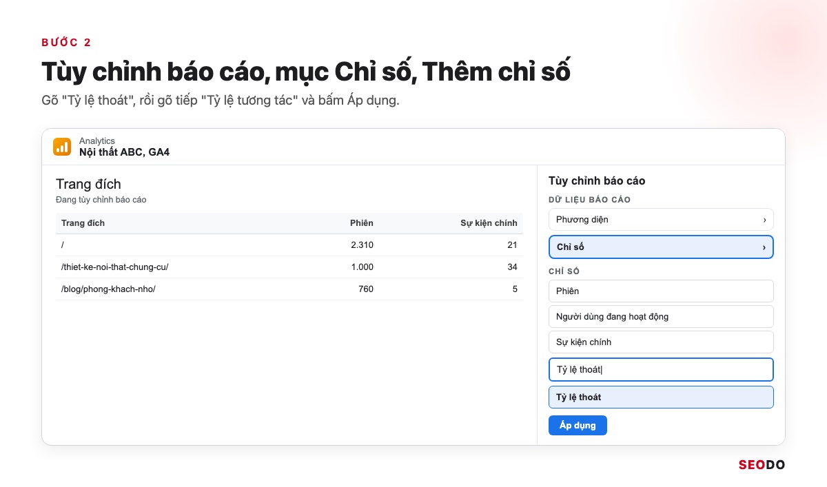 Tỉ Lệ Thoát GA4 Là Gì? Cách Thêm Bounce Rate Vào Báo Cáo Và Cách Giảm (Cập Nhật 2026) 32 Mô phỏng khung Tùy chỉnh báo cáo GA4, mục Chỉ số, ô Thêm chỉ số đang gõ Tỷ lệ thoát