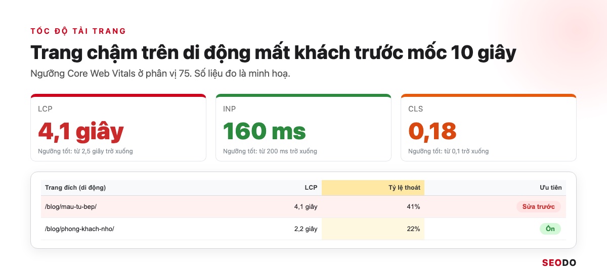 Tỉ Lệ Thoát GA4 Là Gì? Cách Thêm Bounce Rate Vào Báo Cáo Và Cách Giảm (Cập Nhật 2026) 44 Mô phỏng kết quả đo tốc độ trang trên di động với LCP 4,1 giây vượt ngưỡng 2,5 giây và trang có tỉ lệ thoát cao