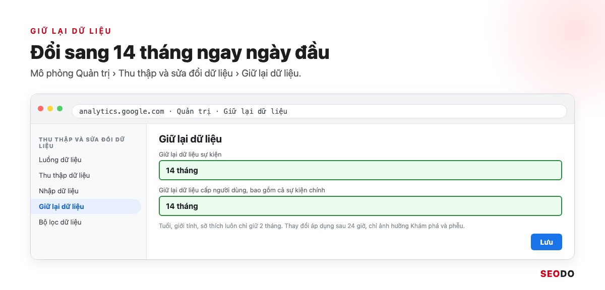 Google Analytics 4 (GA4) Là Gì? Giao Diện, Báo Cáo Và Cách Sử Dụng Từ A Đến Z (Cập Nhật 2026) 107 Mô phỏng màn hình Giữ lại dữ liệu trong Quản trị GA4 đặt ở 14 tháng