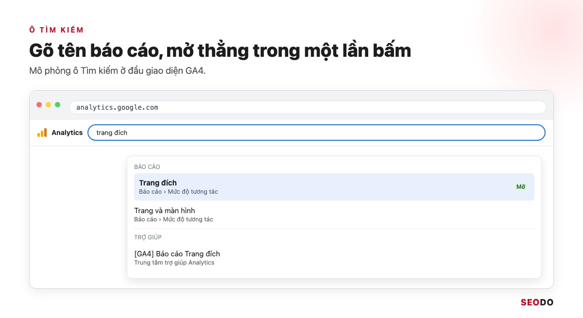 Google Analytics 4 (GA4) Là Gì? Giao Diện, Báo Cáo Và Cách Sử Dụng Từ A Đến Z (Cập Nhật 2026) 87 Mô phỏng ô Tìm kiếm GA4 với gợi ý báo cáo Trang đích khi gõ trang đích