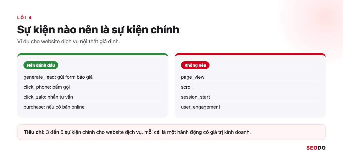Google Analytics 4 (GA4) Là Gì? Giao Diện, Báo Cáo Và Cách Sử Dụng Từ A Đến Z (Cập Nhật 2026) 114 Hai cột sự kiện nên và không nên đánh dấu là sự kiện chính
