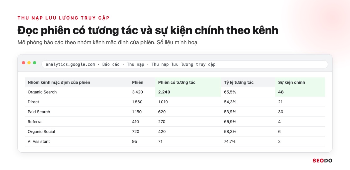 Google Analytics 4 (GA4) Là Gì? Giao Diện, Báo Cáo Và Cách Sử Dụng Từ A Đến Z (Cập Nhật 2026) 90 Mô phỏng báo cáo Thu nạp lưu lượng truy cập GA4 theo nhóm kênh, khoanh cột Phiên có tương tác và Sự kiện chính