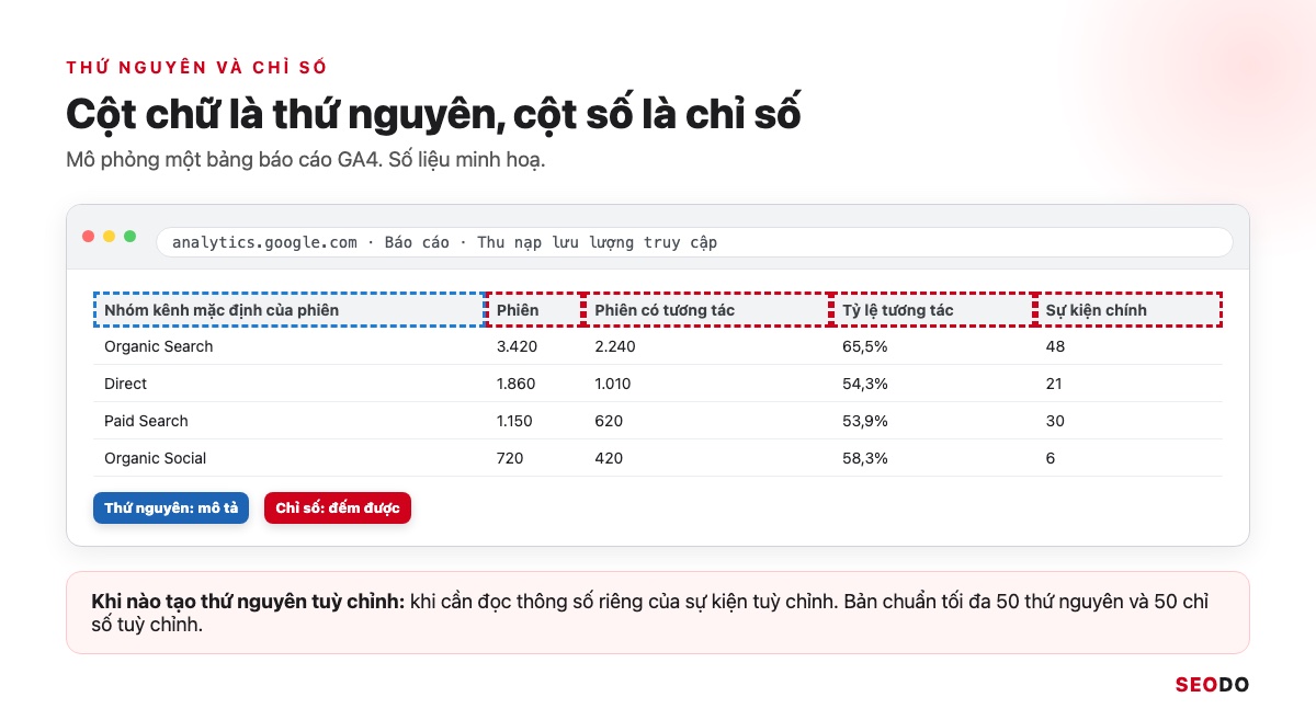Google Analytics 4 (GA4) Là Gì? Giao Diện, Báo Cáo Và Cách Sử Dụng Từ A Đến Z (Cập Nhật 2026) 74 Mô phỏng bảng báo cáo GA4 khoanh cột thứ nguyên và các cột chỉ số