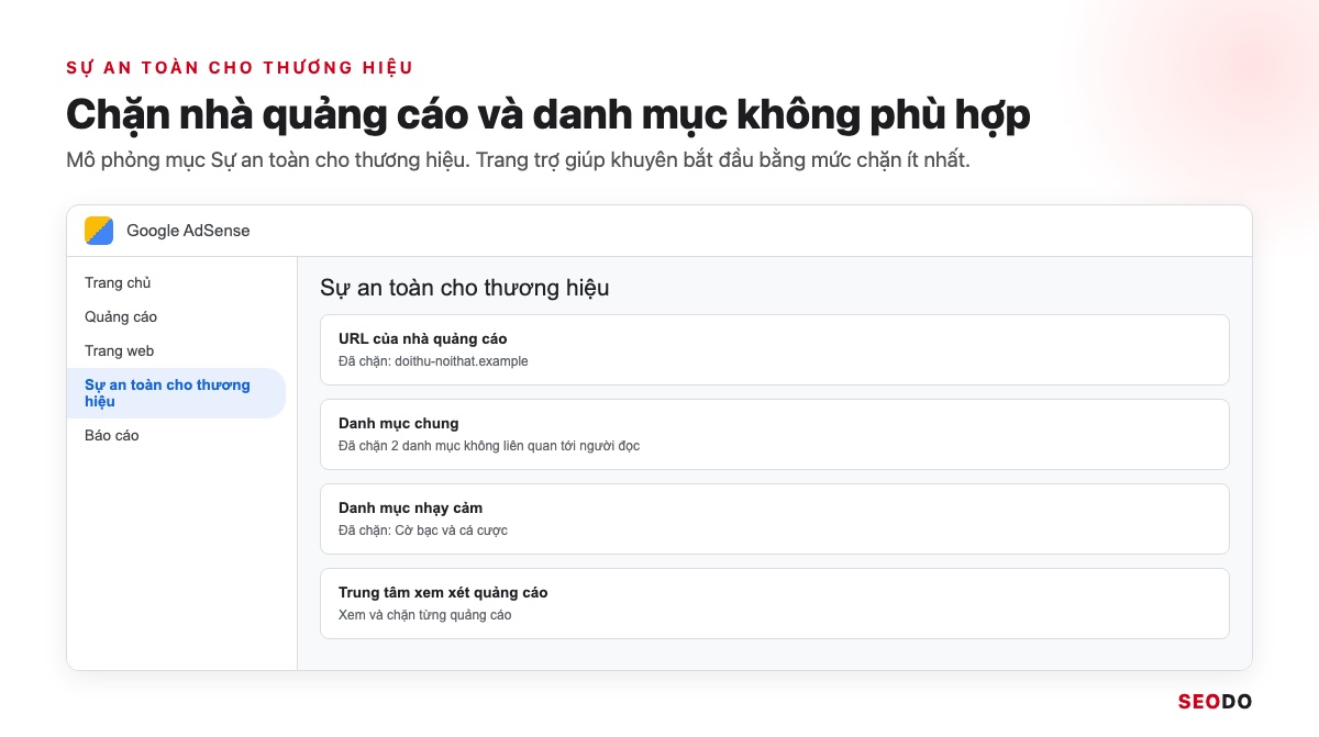 Mô phỏng mục Sự an toàn cho thương hiệu trong AdSense với chặn URL nhà quảng cáo và danh mục
