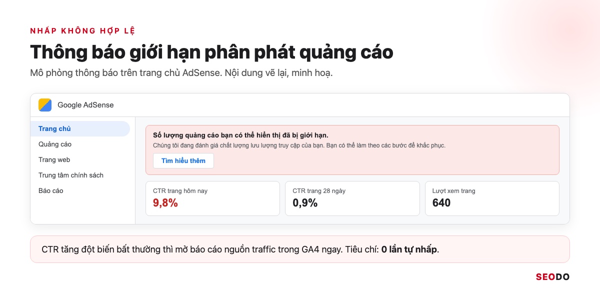 Mô phỏng thông báo trong AdSense về lưu lượng không hợp lệ và giới hạn phân phát quảng cáo