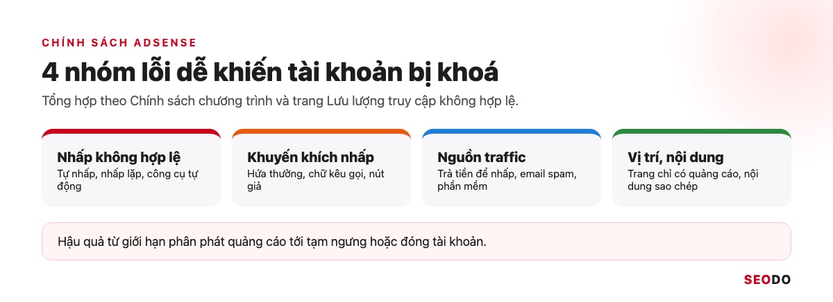 Bảng 4 nhóm lỗi chính sách AdSense, hậu quả và cách làm đúng