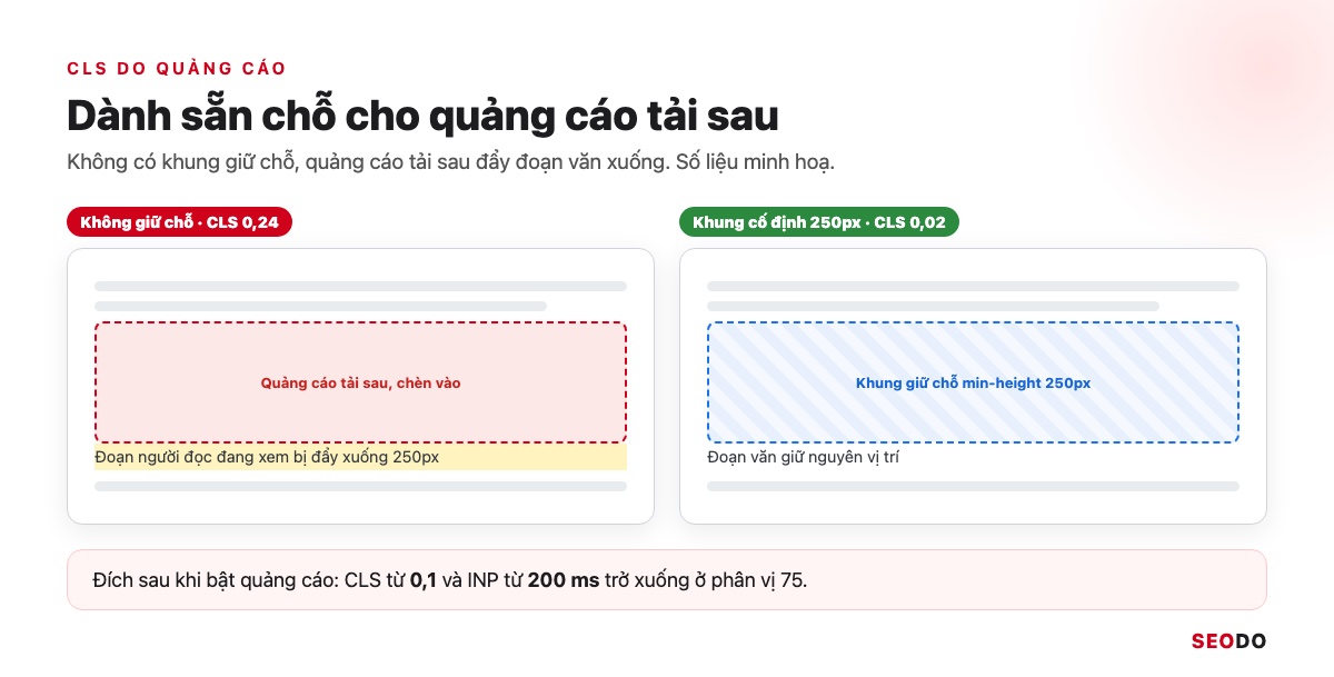So sánh trước và sau khi dành khung giữ chỗ cho quảng cáo để tránh xê dịch bố cục