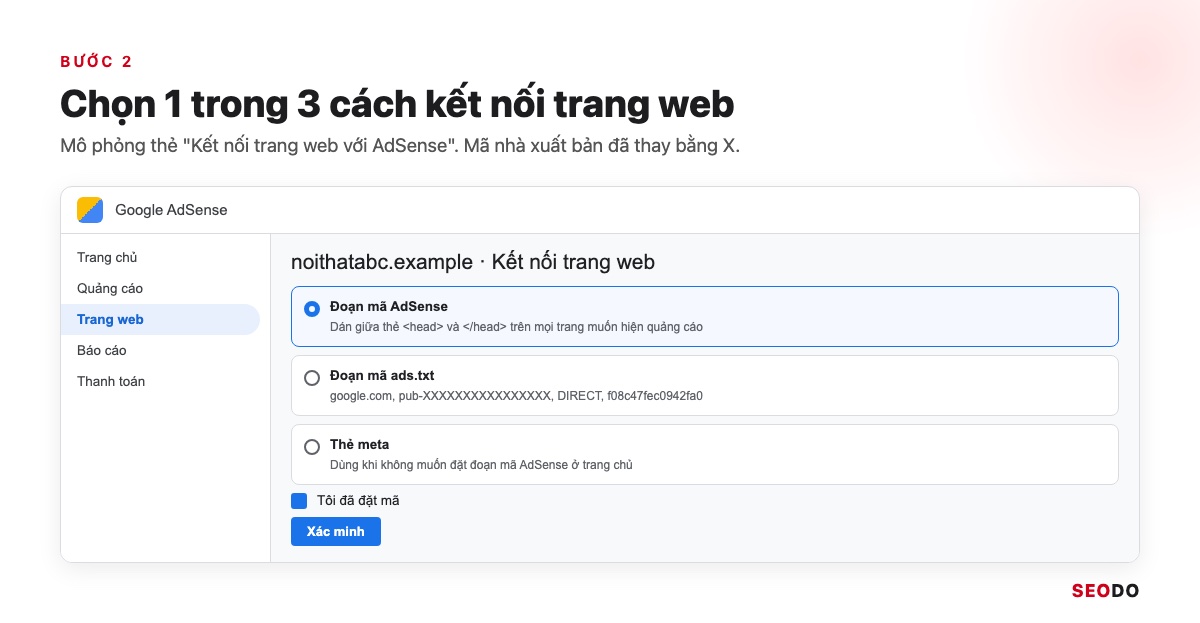 Mô phỏng hộp thoại kết nối trang web với AdSense có 3 lựa chọn: đoạn mã AdSense, ads.txt, thẻ meta