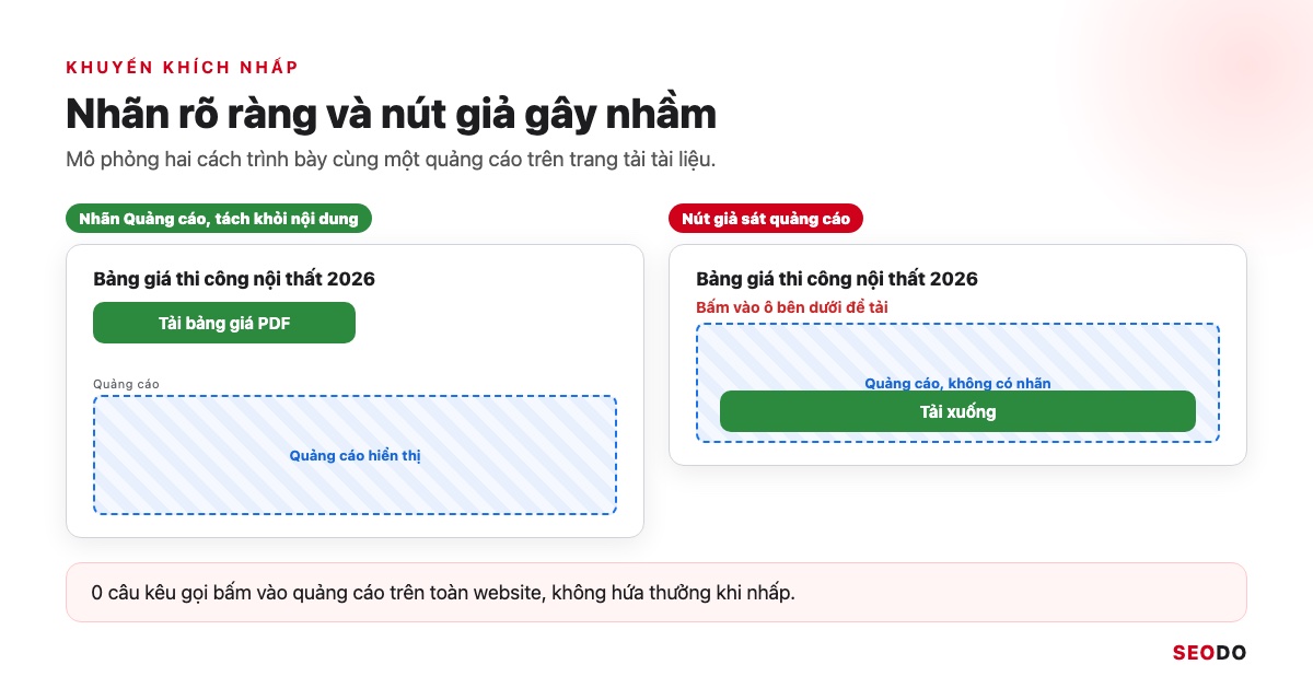 So sánh nhãn Quảng cáo đặt đúng và nút Tải xuống giả nằm sát quảng cáo