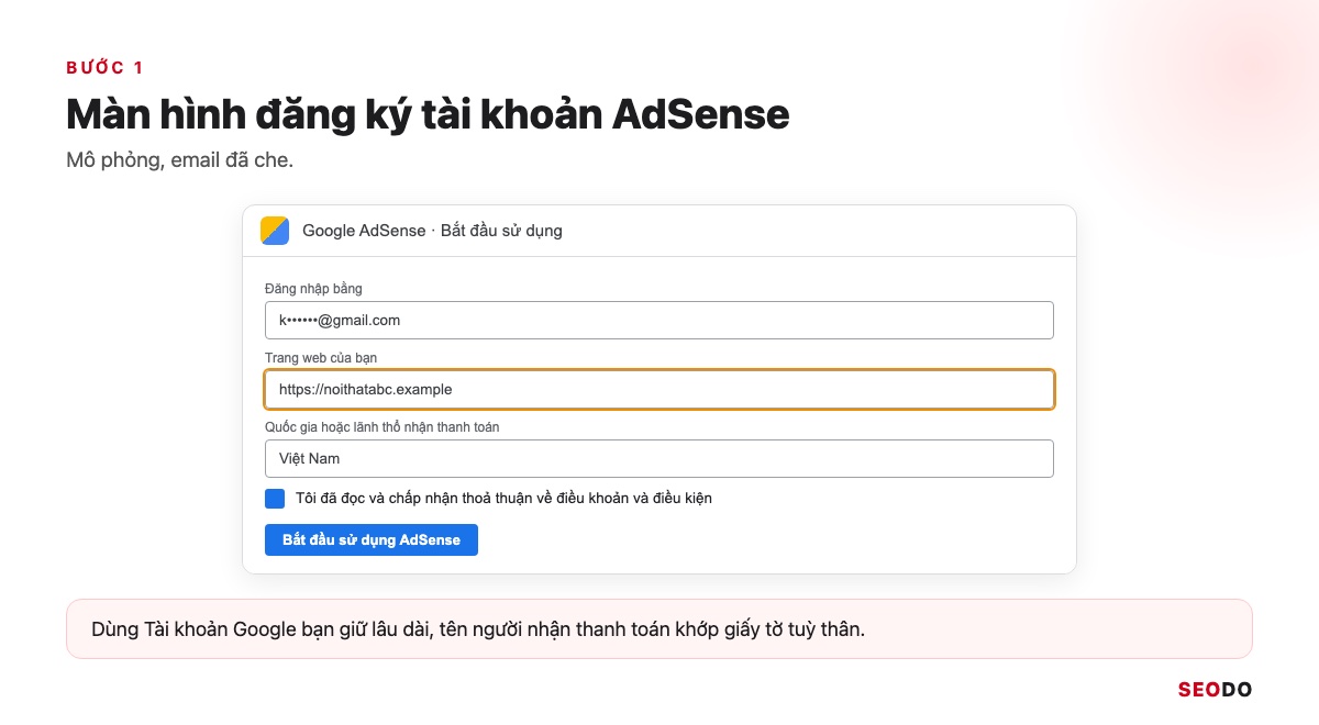 Mô phỏng màn hình đăng ký AdSense với ô URL trang web và quốc gia