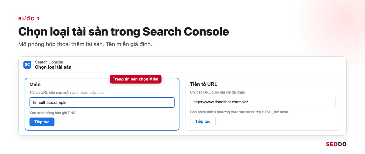 Mô phỏng màn hình chọn loại tài sản Miền và Tiền tố URL trong Search Console