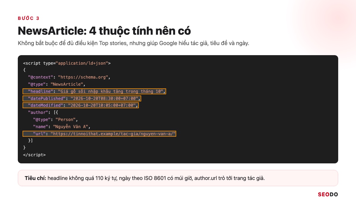 Mô phỏng đoạn JSON-LD NewsArticle tô màu headline, datePublished, dateModified và author.url