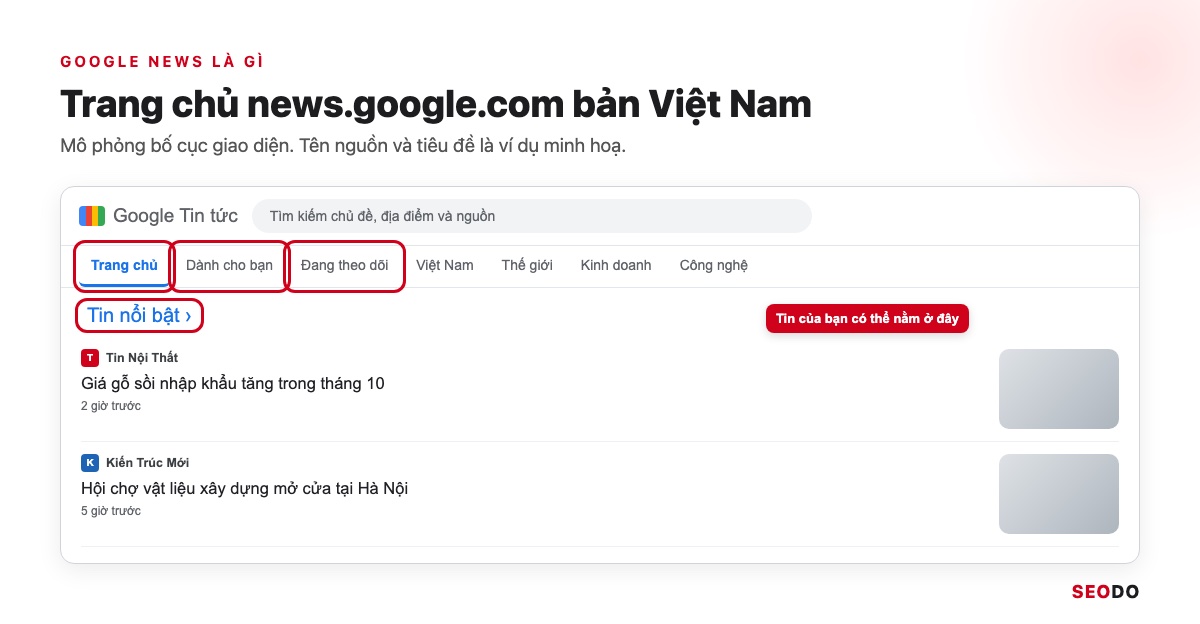 Mô phỏng trang chủ news.google.com bản Việt Nam với các mục Trang chủ, Dành cho bạn, Đang theo dõi và Tin nổi bật