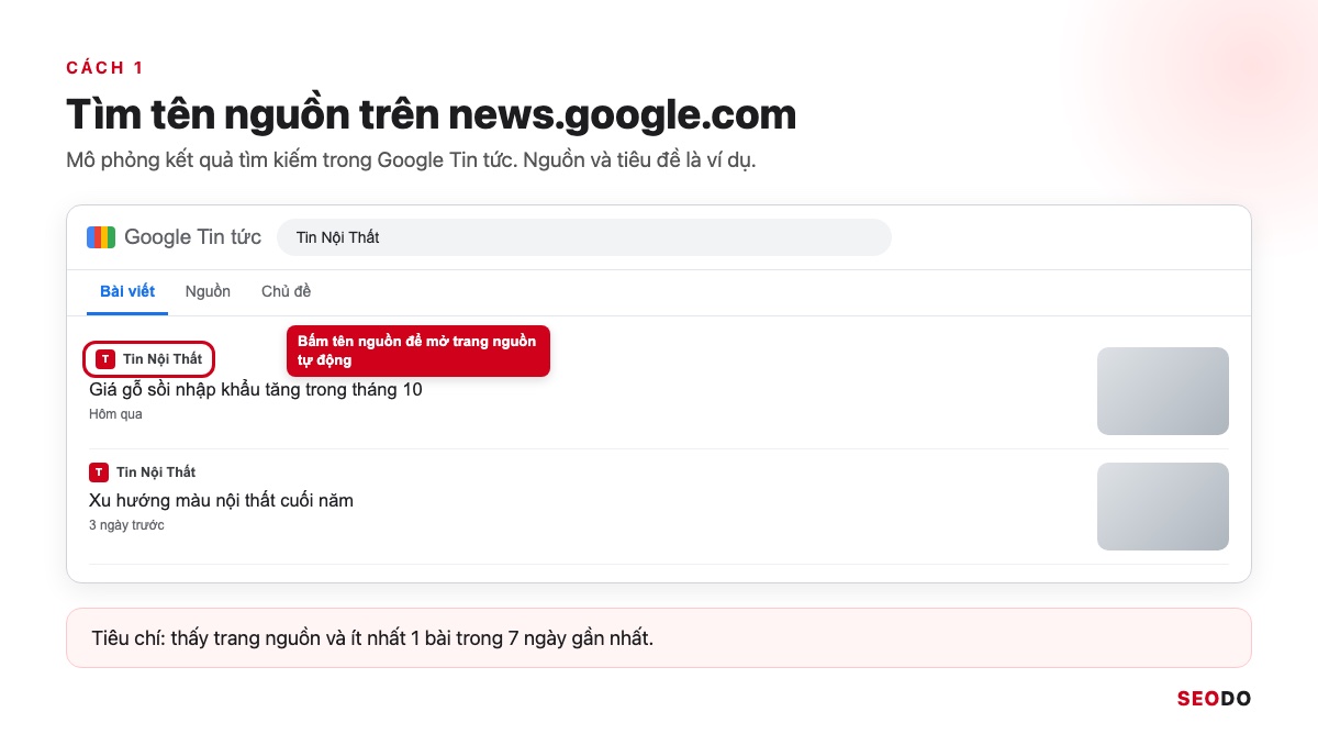 Mô phỏng kết quả tìm kiếm trên news.google.com, khoanh tên nguồn tin phía trên tiêu đề bài