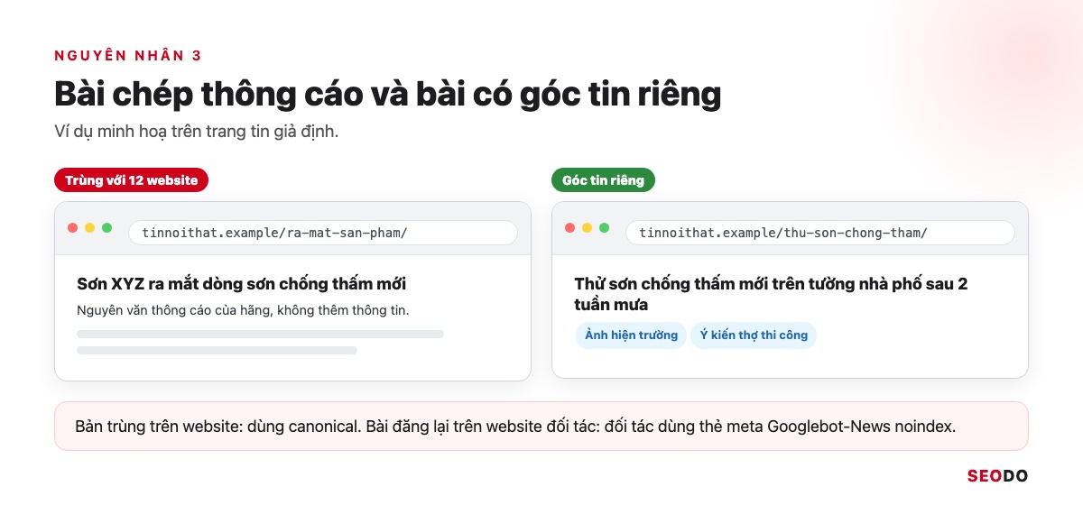 Hai cột so sánh bài chép thông cáo giống 12 website khác và bài có góc tin riêng