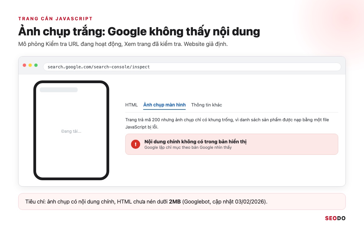 Google Index Là Gì? Cách Kiểm Tra Trang Đã Được Lập Chỉ Mục Và Giúp Google Index Đúng Trang (Cập Nhật 2026) 48 Mô phỏng tab Ảnh chụp màn hình trong Kiểm tra URL đang hoạt động hiện trang trắng vì JavaScript lỗi