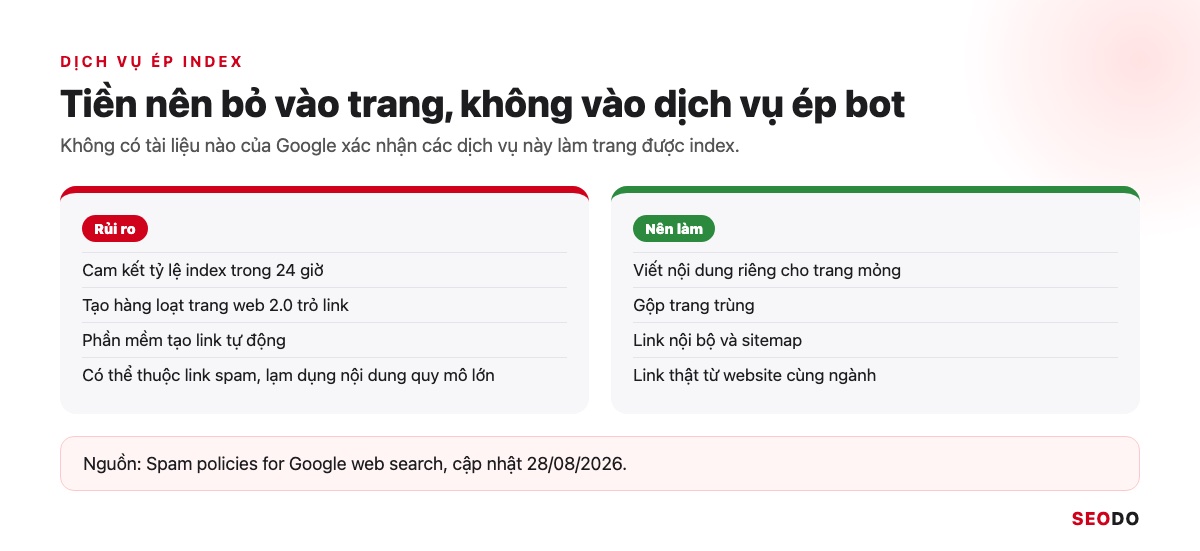 Google Index Là Gì? Cách Kiểm Tra Trang Đã Được Lập Chỉ Mục Và Giúp Google Index Đúng Trang (Cập Nhật 2026) 68 So sánh dịch vụ ép index trả phí với các việc nên làm cho trang