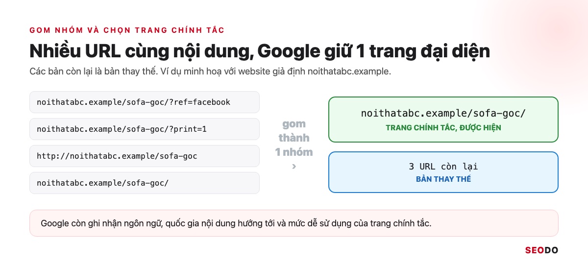 Google Index Là Gì? Cách Kiểm Tra Trang Đã Được Lập Chỉ Mục Và Giúp Google Index Đúng Trang (Cập Nhật 2026) 37 Bốn URL cùng nội dung của trang sofa được gom thành một nhóm, một URL được chọn làm trang chính tắc