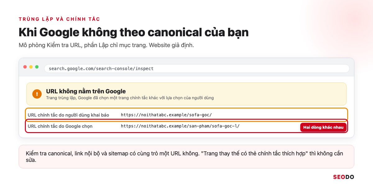 Google Index Là Gì? Cách Kiểm Tra Trang Đã Được Lập Chỉ Mục Và Giúp Google Index Đúng Trang (Cập Nhật 2026) 52 Mô phỏng Kiểm tra URL có URL chính tắc do người dùng khai báo khác URL chính tắc do Google chọn