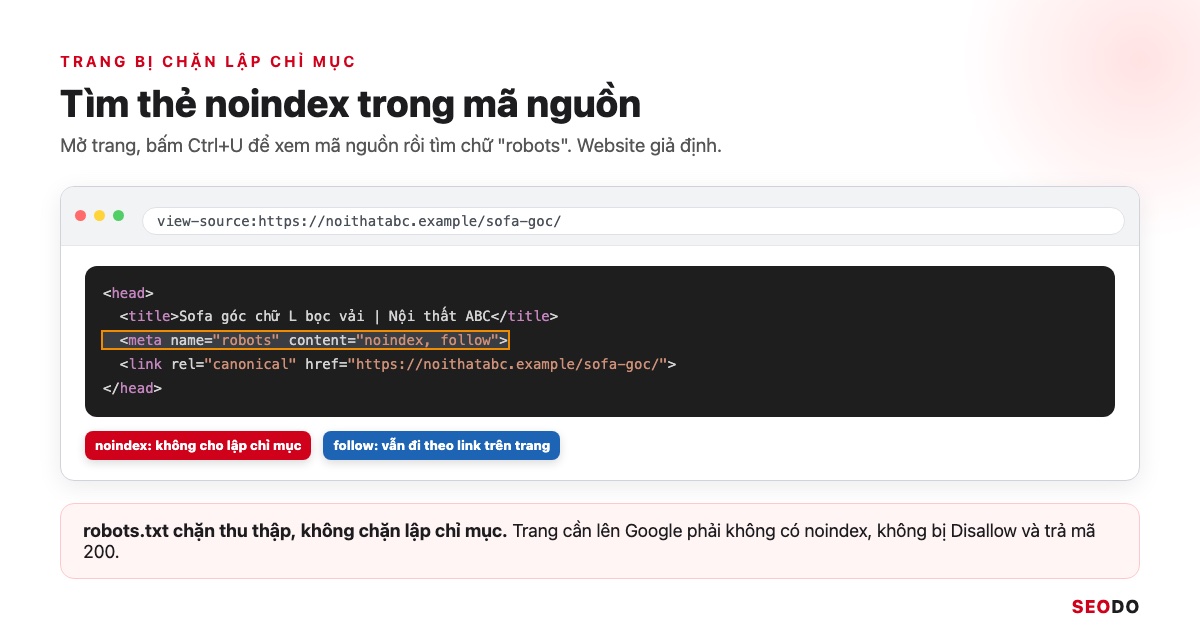 Google Index Là Gì? Cách Kiểm Tra Trang Đã Được Lập Chỉ Mục Và Giúp Google Index Đúng Trang (Cập Nhật 2026) 45 Mã nguồn trang có dòng meta robots noindex, follow được đánh dấu