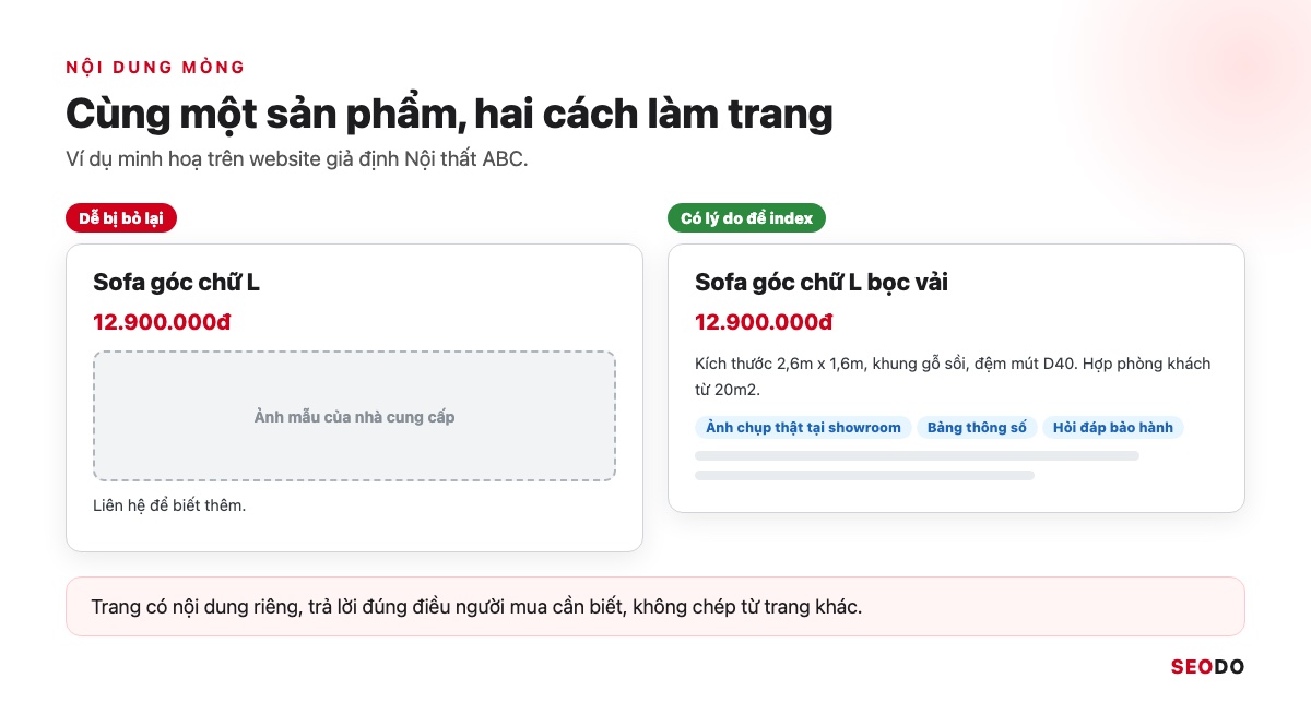 Google Index Là Gì? Cách Kiểm Tra Trang Đã Được Lập Chỉ Mục Và Giúp Google Index Đúng Trang (Cập Nhật 2026) 47 So sánh trang sản phẩm chỉ có tên và giá với trang có mô tả, thông số và ảnh thật