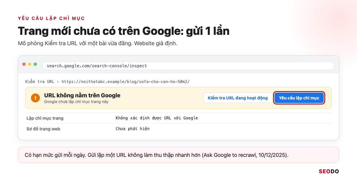 Google Index Là Gì? Cách Kiểm Tra Trang Đã Được Lập Chỉ Mục Và Giúp Google Index Đúng Trang (Cập Nhật 2026) 57 Mô phỏng Kiểm tra URL của bài mới với trạng thái URL không nằm trên Google và nút Yêu cầu lập chỉ mục