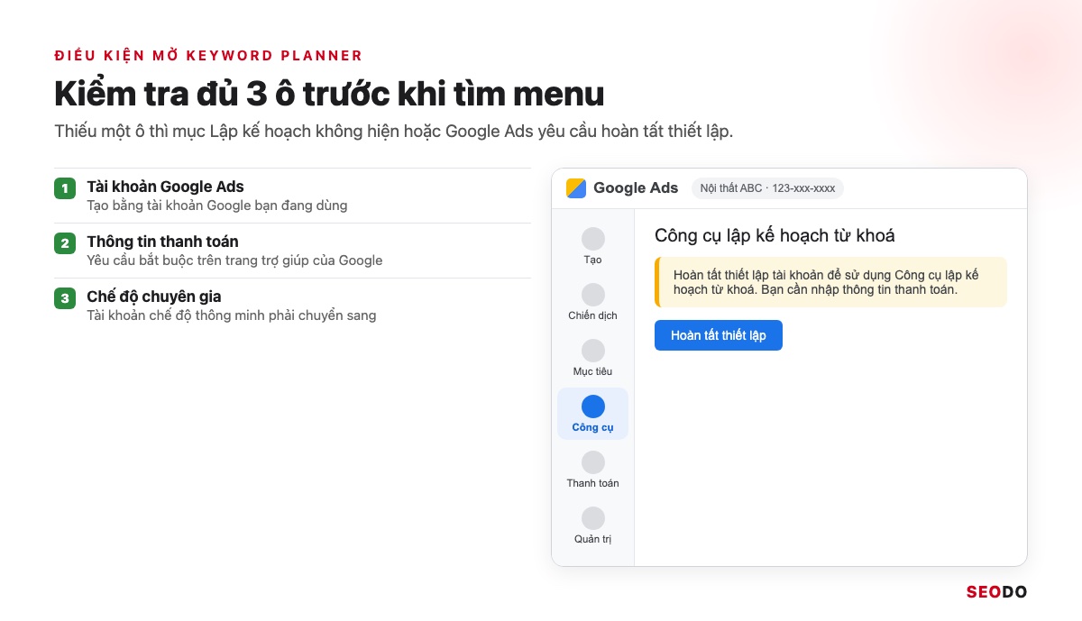 Checklist 3 ô tài khoản Google Ads, thông tin thanh toán, chế độ chuyên gia kèm thông báo yêu cầu hoàn tất thiết lập tài khoản
